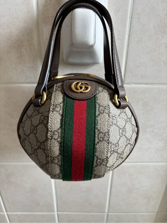Gucci Handbags - Gucci Beige GG Canvas Mini Top Handle Bag with Green-Red Web